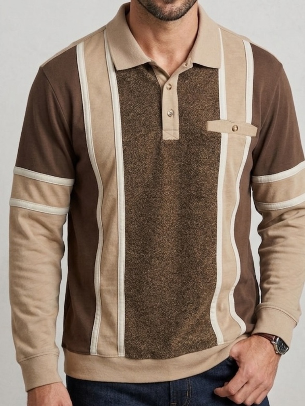 Arnold Palmer Men's Long-Sleeve Polo Shirt in Brown and Tan Size XL